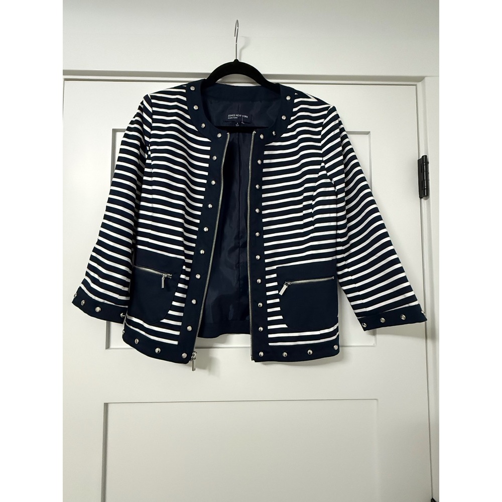 Jones New York Signature Navy White Striped Studded Zip Up Jacket Size 6